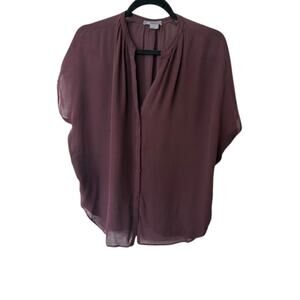 Vince 100% Silk Blouse Burgundy Short Sleeve Sheer Panel Size Small